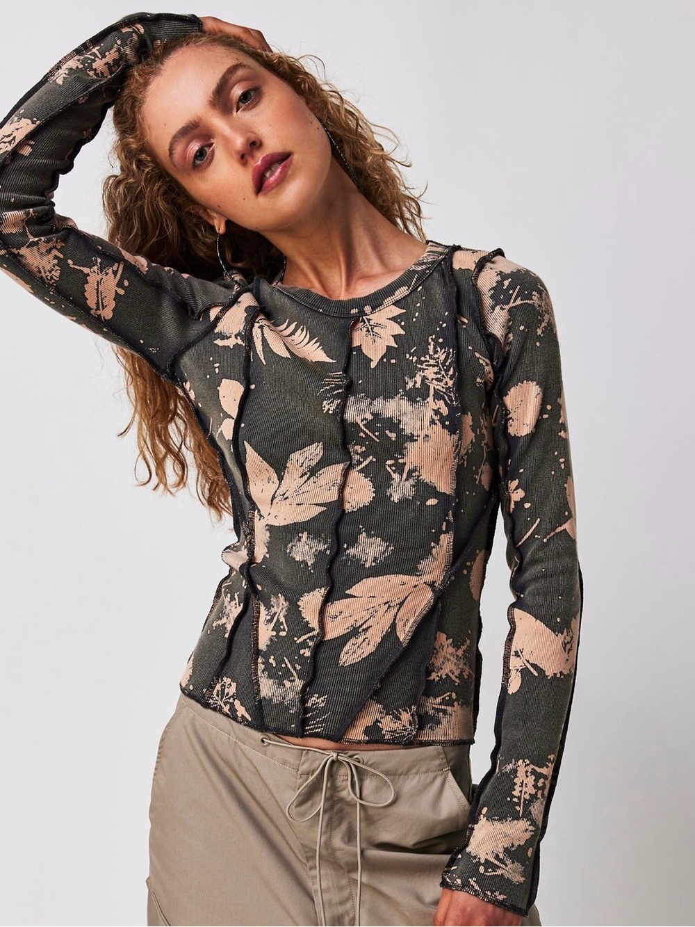 We The Free Olive Green & Beige Floral Long-Sleeve Tee